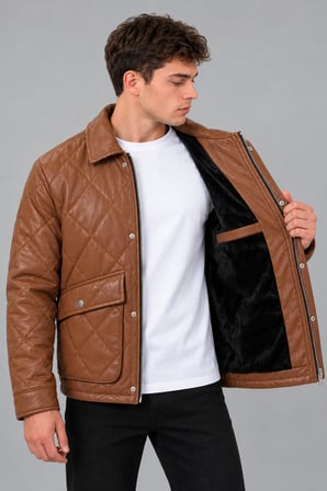 Baklava Desen İçi Kürklü Torba Cep Suni Deri Mont KMD 855_50534
