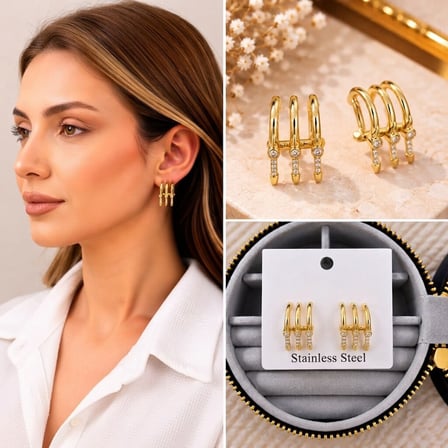 💎 Premium Parlak ve Şık Gold Renk Üçlü Taş Detaylı Halka Kadın Çelik Küpe