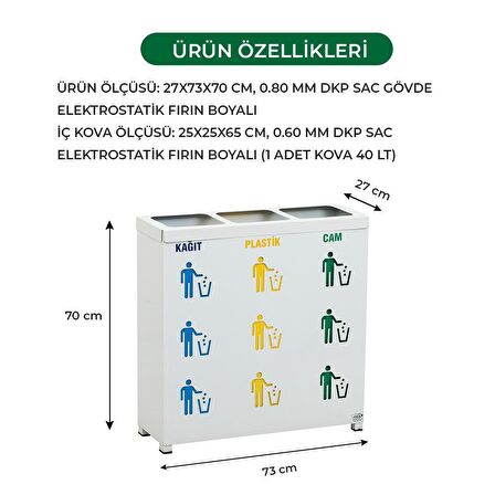 3'lü Metal Sıfır Atık Kutusu Geri Dönüşüm Çöp Kovası