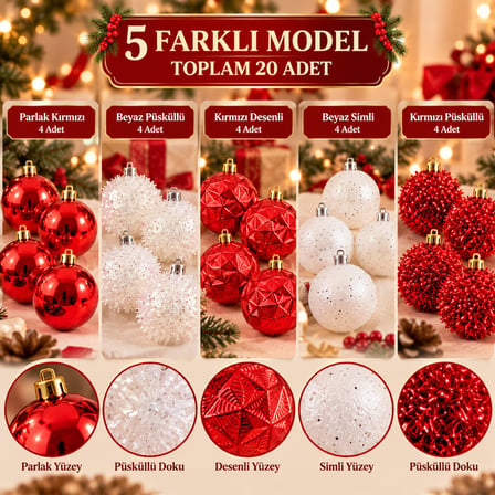 BakGelAl Premium 20 Adet Kırmızı Beyaz Yılbaşı Ağacı Süs Topu Seti – 5 cm 5 Farklı Model Çam Ağacı Dekor Süsü