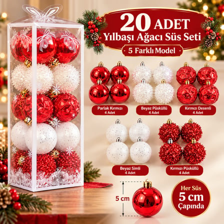 BakGelAl Premium 20 Adet Kırmızı Beyaz Yılbaşı Ağacı Süs Topu Seti – 5 cm 5 Farklı Model Çam Ağacı Dekor Süsü