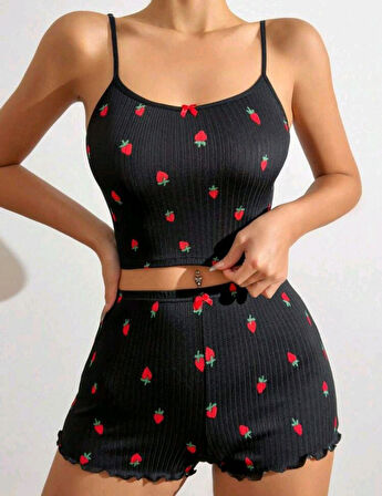 Kadın Siyah Çilek Desenli Seksi Gecelik Takım 6644