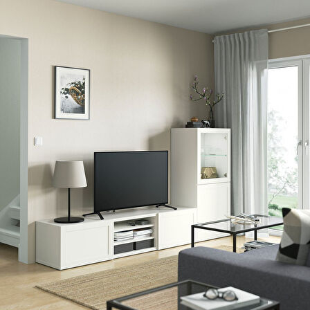 Tv ünitesi, beyaz-şeffaf cam, 240x42x129 cm, HANVIKEN/SINDVIK, çıt çıt raylı