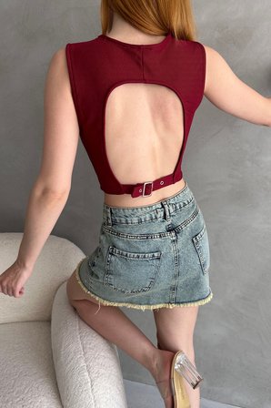 Sırtı Kemer Detaylı Kaşkorse Crop Bluz - BORDO - L