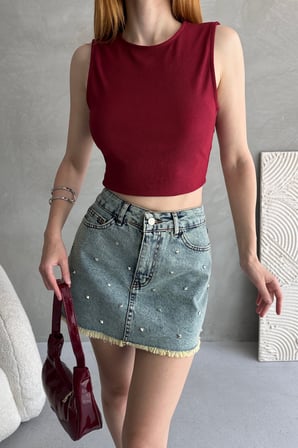 Sırtı Kemer Detaylı Kaşkorse Crop Bluz - BORDO - L