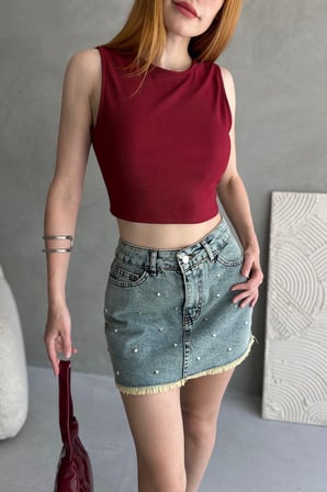 Sırtı Kemer Detaylı Kaşkorse Crop Bluz - BORDO - L