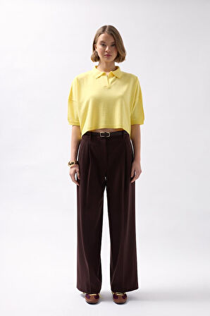 Polo Yaka Crop Dokulu Bluz