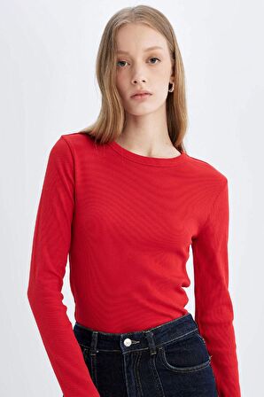 DeFacto Slim Fit Dar Kesim Bisiklet Yaka Fitilli Kaşkorse Basic Düz Uzun Kollu Tişört C7516AX24AURD79