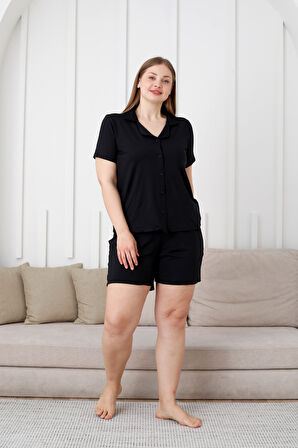 Büyük Beden  Kısa Kollu Milan Gömlek Pijama Takımı- Genç Anne Serisi