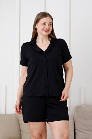 Büyük Beden  Kısa Kollu Milan Gömlek Pijama Takımı- Genç Anne Serisi