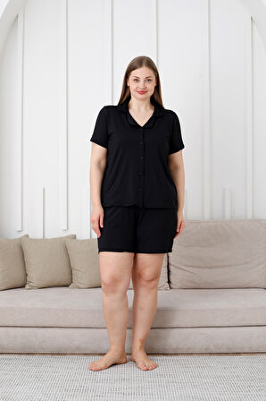 Büyük Beden  Kısa Kollu Milan Gömlek Pijama Takımı- Genç Anne Serisi