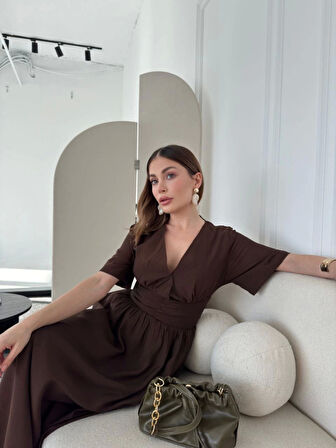 Kısa Kollu Uzun Elbise - Kahve