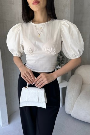 Karpuz Kol Sırt Dekolteli Poplin Bluz - BEYAZ - M