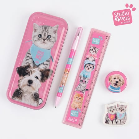 BakGelAl Studio Pets Lisanslı 5 Parça Kırtasiye Seti – Kalem Kutusu, Kalem, Cetvel, Silgi ve Kalemtıraş – Kedi Köpek Desenli Okul Seti