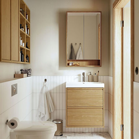 Banyo duvar dolabı, meşe görünümlü, 60x15x95 cm, kablosuz kontrol sürücülü