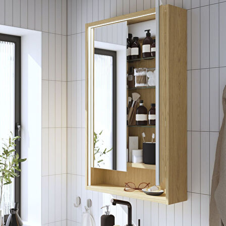 Banyo duvar dolabı, meşe görünümlü, 60x15x95 cm, kablosuz kontrol sürücülü