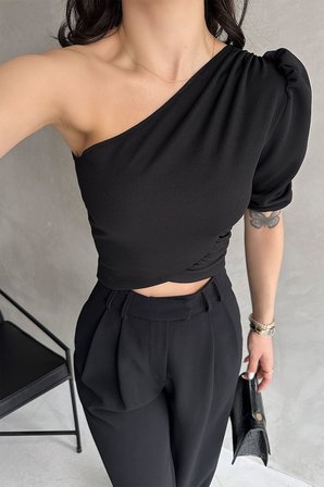 Tek Omuz Prenses Kol Crep Bluz - SİYAH - XL
