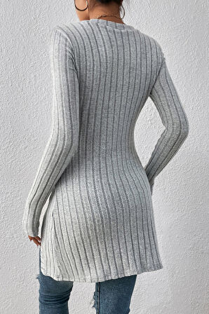 Kadın Gri Düğme Detaylı Kare Yaka Fitilli Asimetrik Etekli Uzun Kollu Bluz - Gri - L-XL