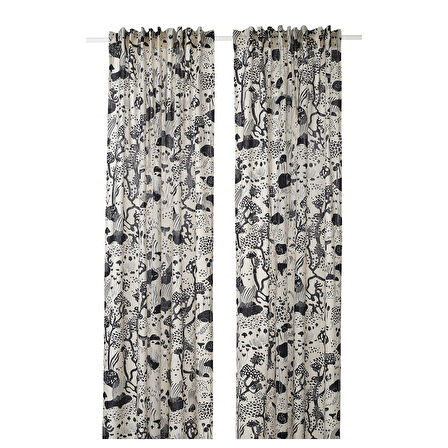 Fon perde/2 kanat, beyaz-siyah, 145x300 cm, ışık filtreleyici, keten-pamuk