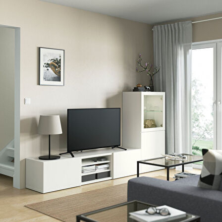 Tv ünitesi, beyaz-şeffaf cam, 240x42x129 cm, LAPPVIKEN/SINDVIK, fren raylı