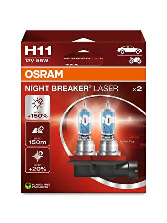 AMPUL 12V H11 55W NIGHT BREAKER LASER % 150 GUÇLU % 20 BEYAZ ISIK (IKILI AMBALAJ) (ORIJINAL)