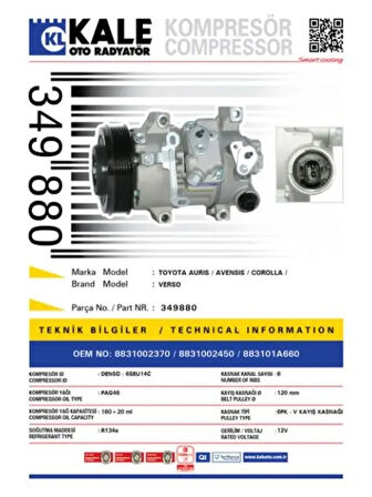 KLIMA KOMPRESORU TOYOTA AURIS COROLLA 1.6 2007-2012 AVENSIS 2008- [6PK V KAYIS KASNAGI] [120mm]