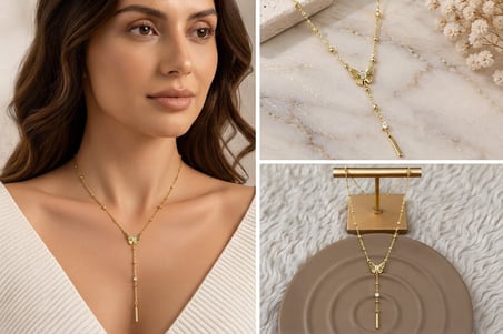 💎 Premium Parlak ve Şık Gold Renk Kelebek Detaylı Sallantılı Çelik Y Kolye (45 cm)