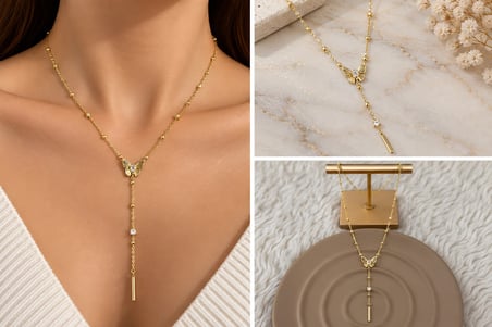 💎 Premium Parlak ve Şık Gold Renk Kelebek Detaylı Sallantılı Çelik Y Kolye (45 cm)