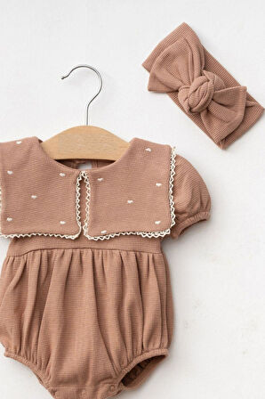 Kız Bebek Maita Kalp Nakışlı Waffle Yazlık Tulum