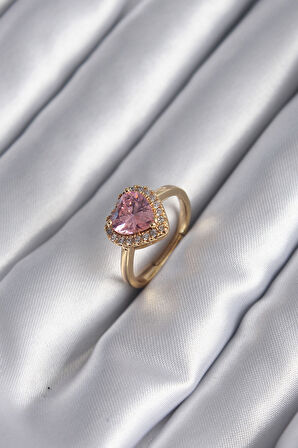 Pirinç Gold Renk Pembe Zirkon Taş Kalp Charm Model Kadın Yüzük - Lisinya