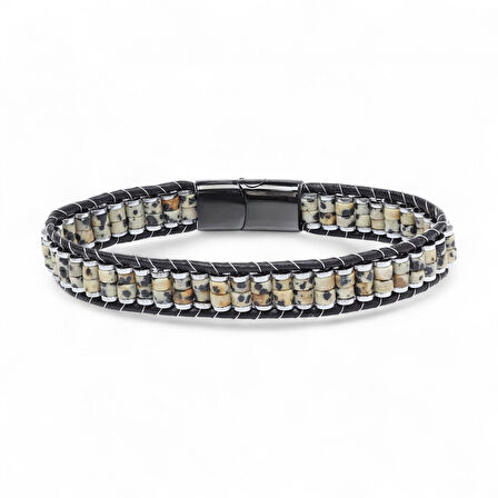  FM Dalmaçya Jasper & Hematit Çelik Örgülü Deri Bileklik 31832B22D3 