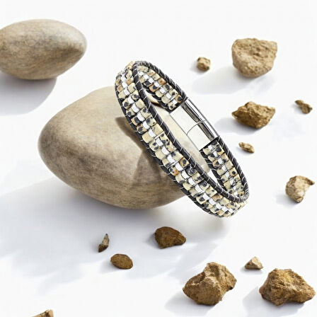  FM Dalmaçya Jasper & Hematit Çelik Örgülü Deri Bileklik 31832B22D3 