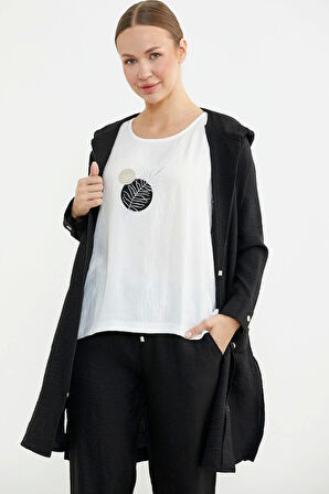 Sementa 76473 Büyük Beden Keten Görünümlü Üçlü Takım - Siyah - 3XL