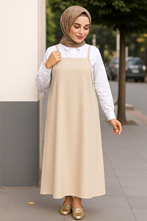 Kadın Taş Rengi Basic Ayarlanabilir Askılı Jile Elbise - Ekru - L-XL