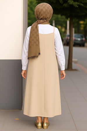 Kadın Taş Rengi Basic Ayarlanabilir Askılı Jile Elbise - Ekru - L-XL