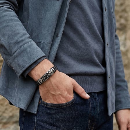 💎 Premium River Stone Motifli Çelik Kilitli Siyah Deri Erkek Bileklik. 31831B8D4