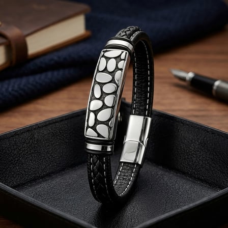 💎 Premium River Stone Motifli Çelik Kilitli Siyah Deri Erkek Bileklik. 31831B8D4