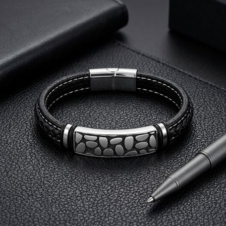 💎 Premium River Stone Motifli Çelik Kilitli Siyah Deri Erkek Bileklik. 31831B8D4