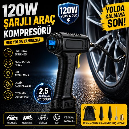 120w Digital kablosuz araç kompresörü lastik şişirme pompası Çok hızlı şişirme araba tır kamyon için