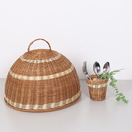 El Yapımı Bohem İskandinav Rattan Hasır Yemek Koruyucu, Pasta Kek Börek Saklama Kabı 40x25x30cm