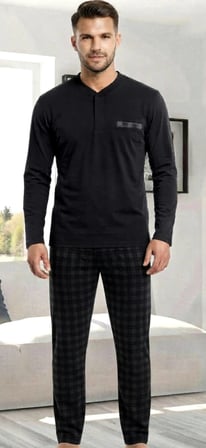 Uzun Kol Pamuklu İnterlok Erkek Pijama Takımı Siyah