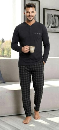 Uzun Kol Pamuklu İnterlok Erkek Pijama Takımı Siyah