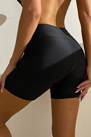 Kadın Siyah Önden Bağcıklı Deniz Şortu - Siyah - L-XL