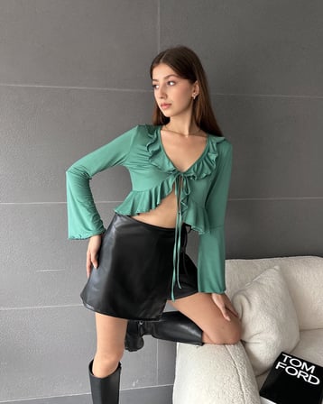 Fırfır Detaylı Önü Bağlamalı Crop Bluz - YEŞİL - S
