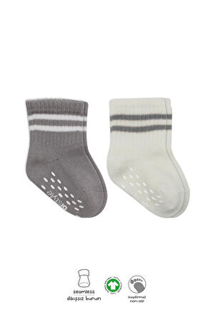 Bistyle Çemberli Kaymaz Soket Çorap 2'Li BS10125 Gri Ekru