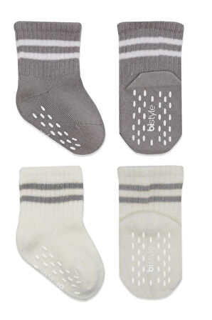 Bistyle Çemberli Kaymaz Soket Çorap 2'Li BS10125 Gri Ekru