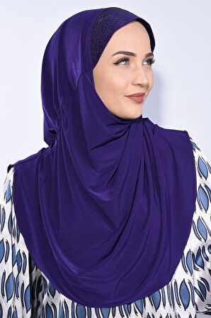 Taşlı Pileli Hijab Mor  - Mor