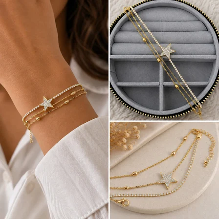 💎 Premium Parlak Gold Renk Yıldız Figürlü Su Yolu Taş Detaylı Katmanlı Kadın Bijuteri Bileklik (22cm)