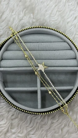 💎 Premium Parlak Gold Renk Yıldız Figürlü Su Yolu Taş Detaylı Katmanlı Kadın Bijuteri Bileklik (22cm)