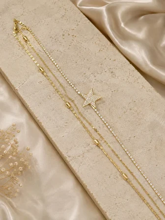 💎 Premium Parlak Gold Renk Yıldız Figürlü Su Yolu Taş Detaylı Katmanlı Kadın Bijuteri Bileklik (22cm)